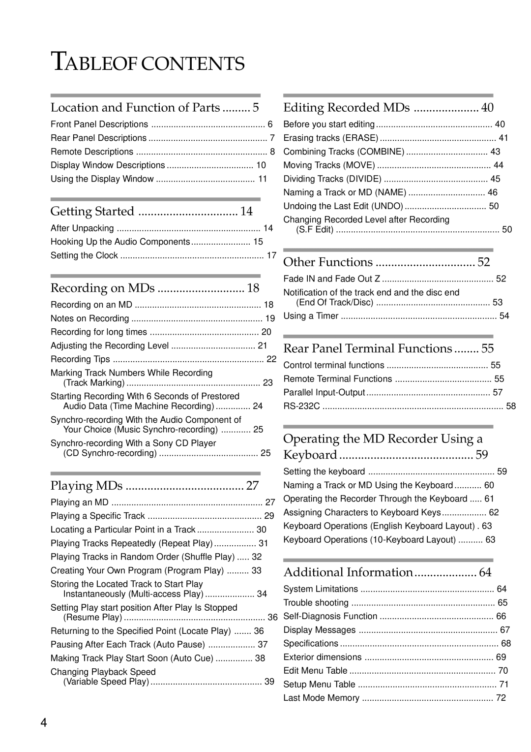 Sony MDS-E12 operating instructions Table of Contents 