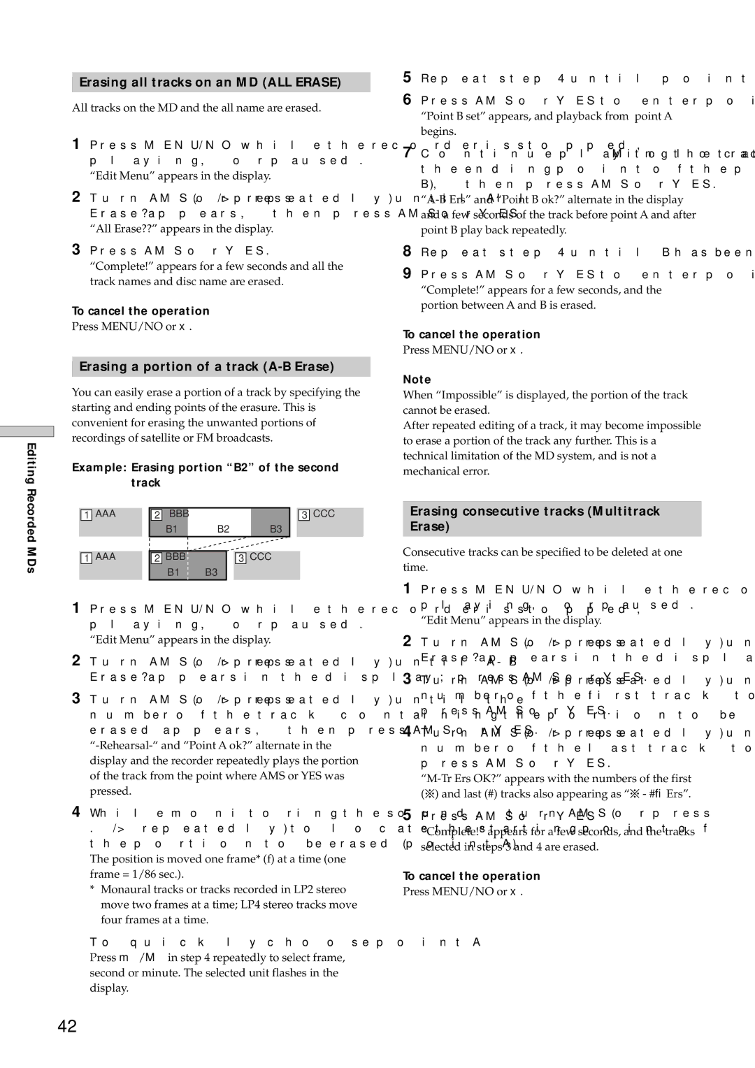 Sony MDS-E12 Erasing all tracks on an MD ALL Erase, Erasing a portion of a track A-B Erase, To quickly choose point a 