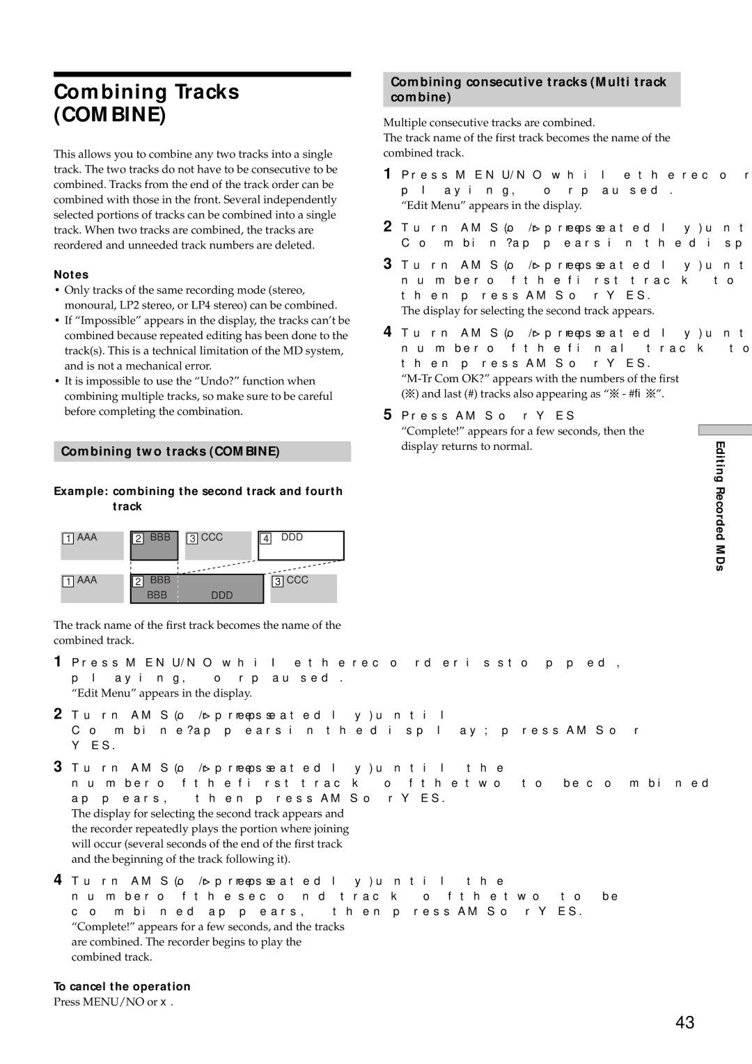 Sony MDS-E12 Combining Tracks Combine, Combining two tracks Combine, Combining consecutive tracks Multi track Combine 