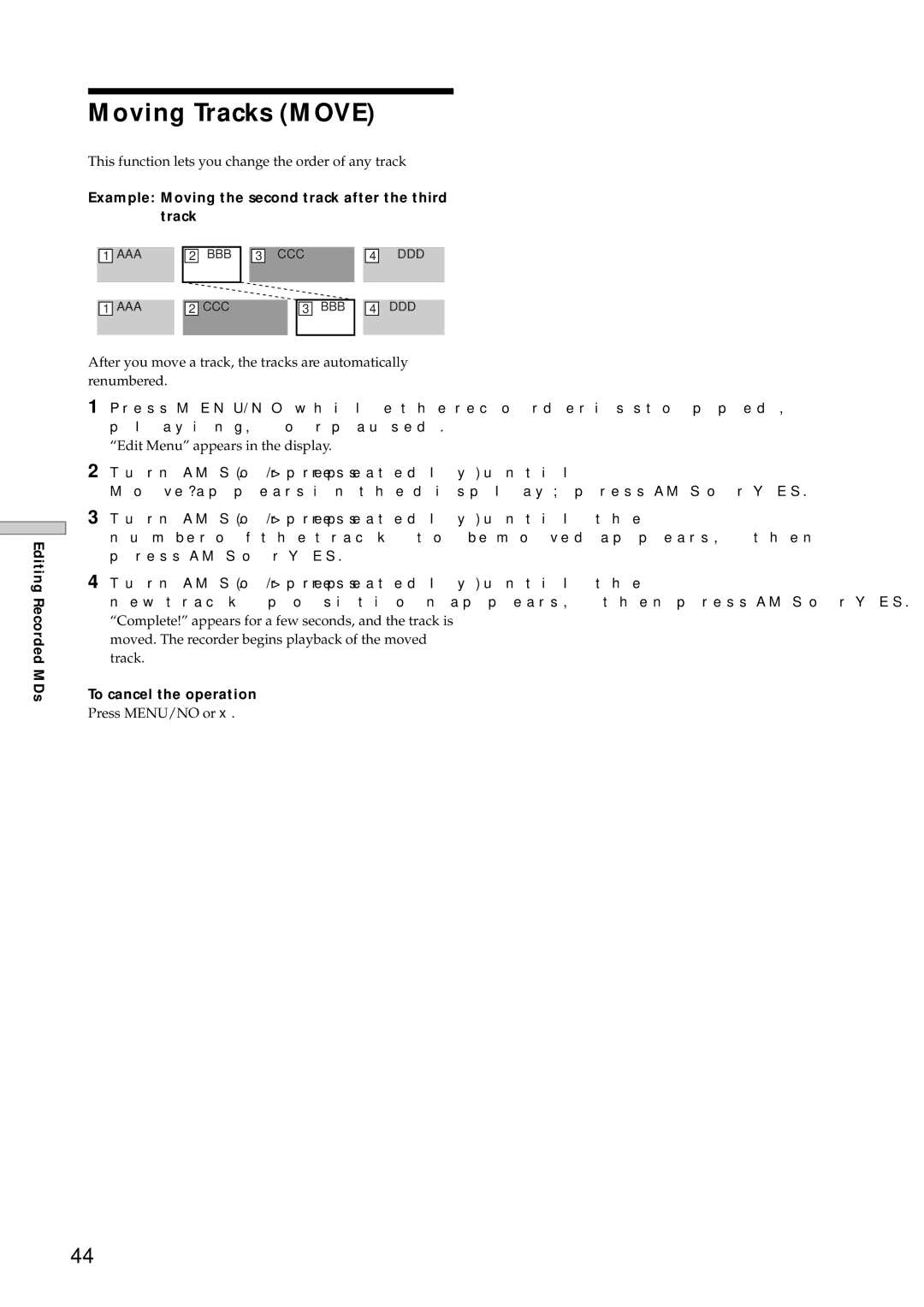 Sony MDS-E12 operating instructions Moving Tracks Move, Example Moving the second track after the third track 