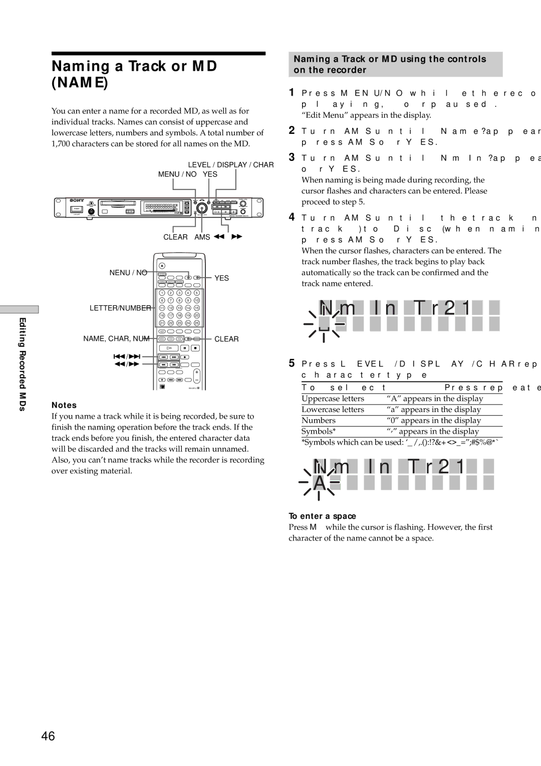 Sony MDS-E12 I n T r 2, Naming a Track or MD Name, Naming a Track or MD using the controls On the recorder 