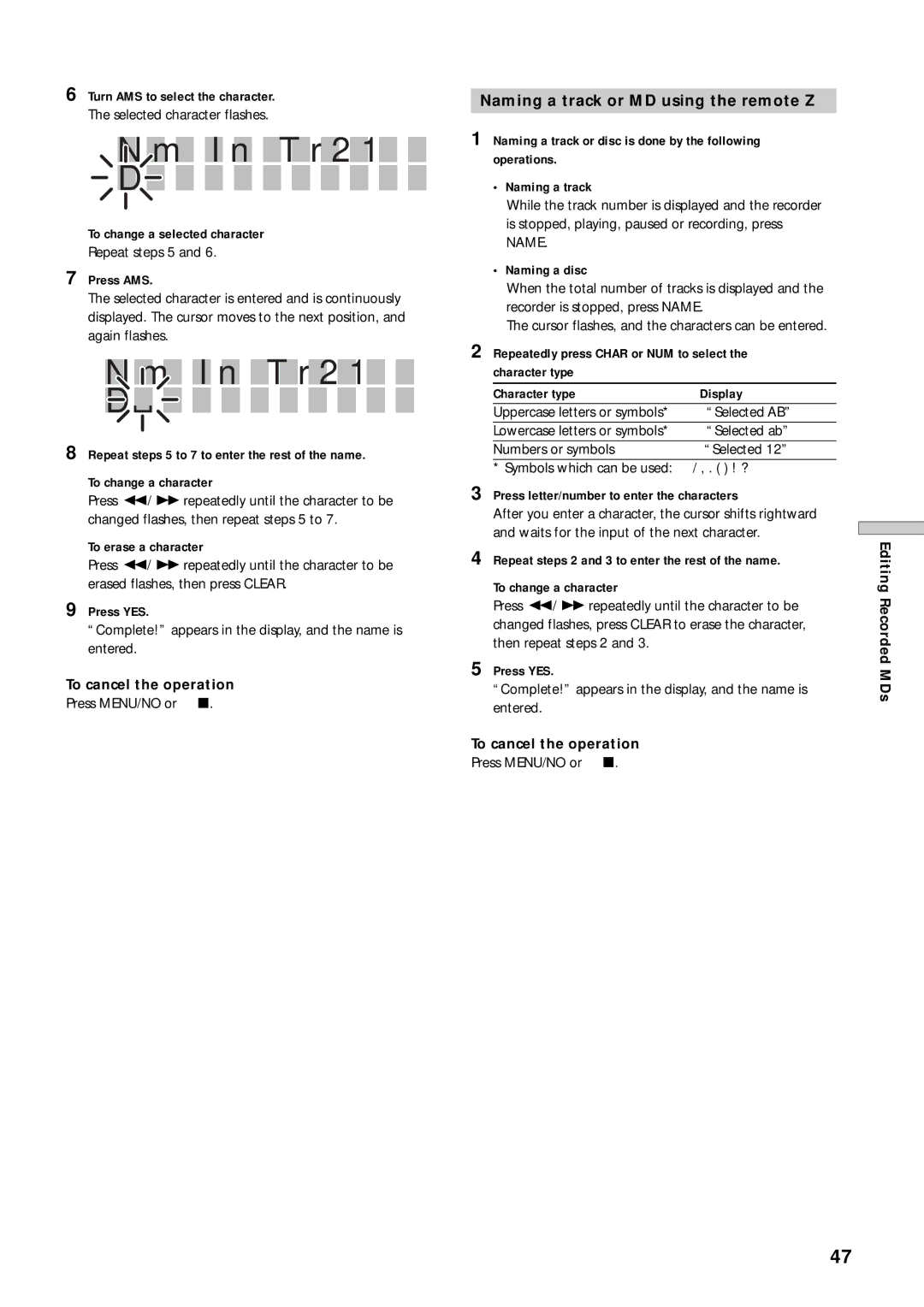 Sony MDS-E12 operating instructions Naming a track or MD using the remote Z 