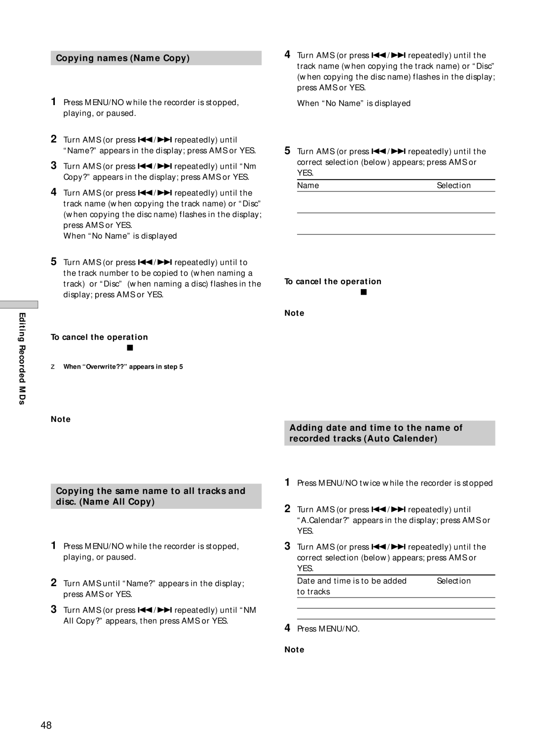 Sony MDS-E12 operating instructions Copying names Name Copy, Copying the same name to all tracks Disc. Name All Copy 