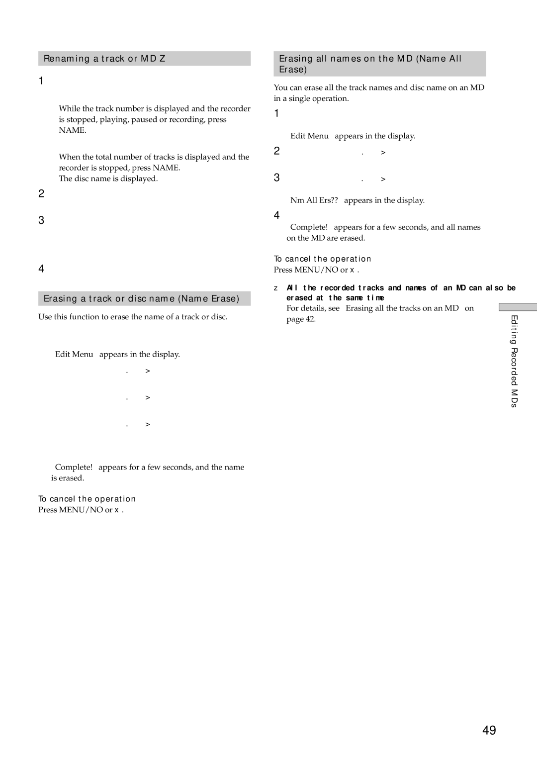 Sony MDS-E12 Renaming a track or MD Z, Erasing a track or disc name Name Erase, Erasing all names on the MD Name All Erase 