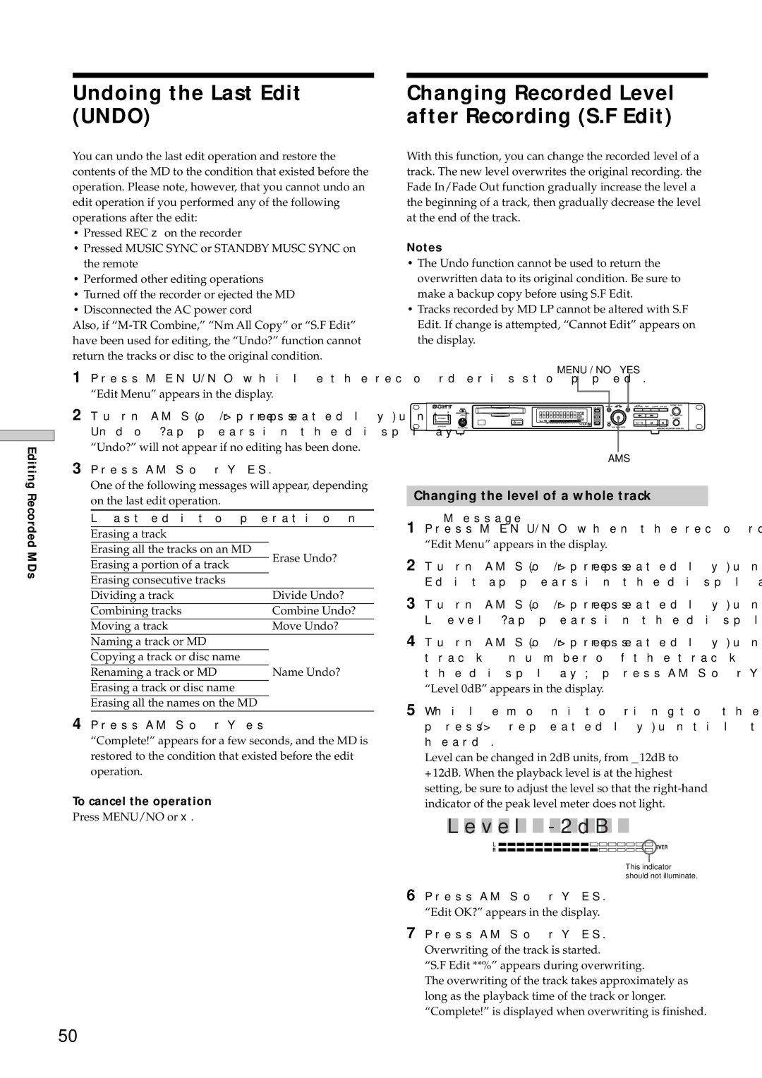 Sony MDS-E12 operating instructions Undoing the Last Edit Undo, Changing Recorded Level after Recording S.F Edit 