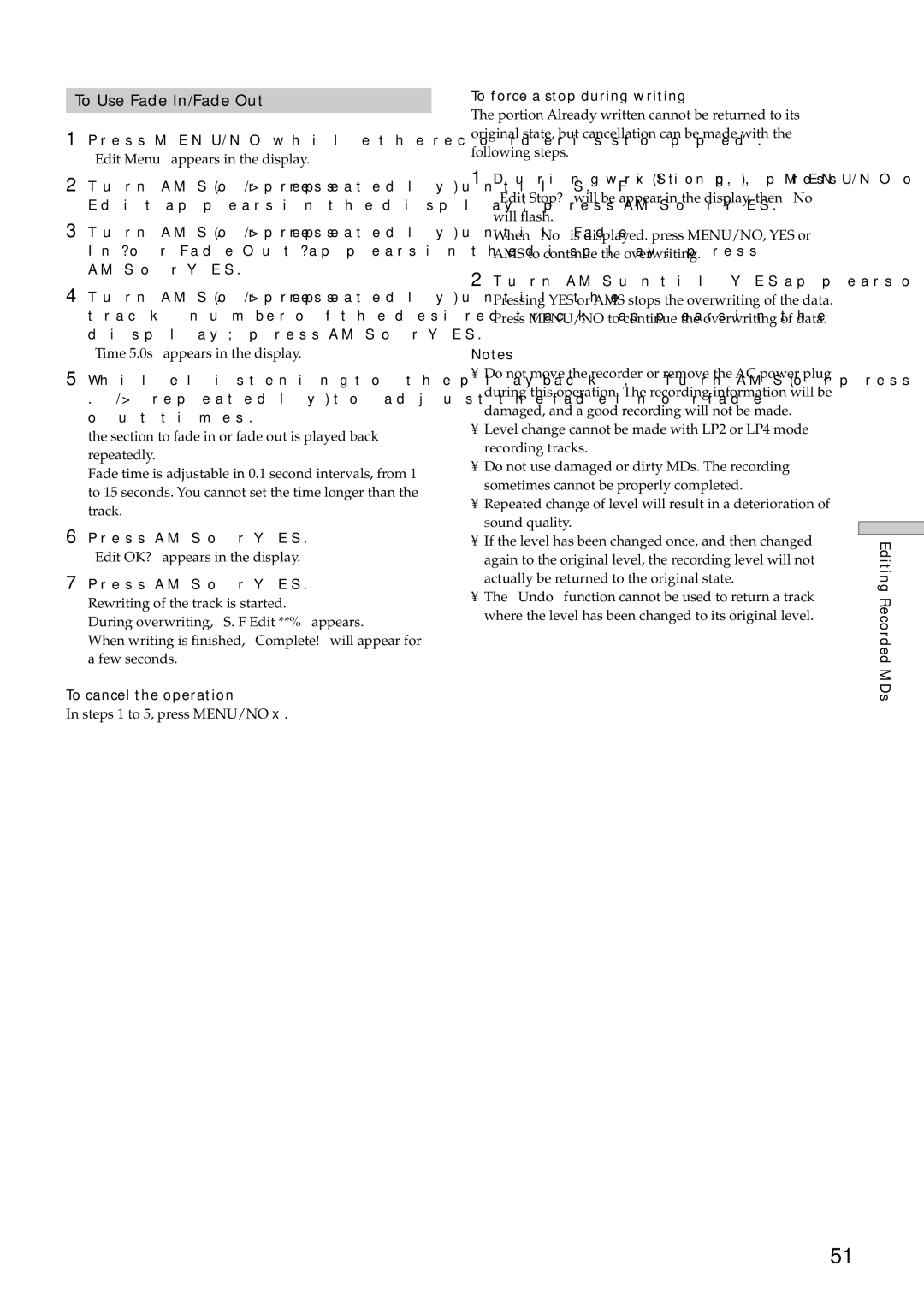 Sony MDS-E12 To Use Fade In/Fade Out, To force a stop during writing, During writing, press x Stop, MENU/NO or Clear 