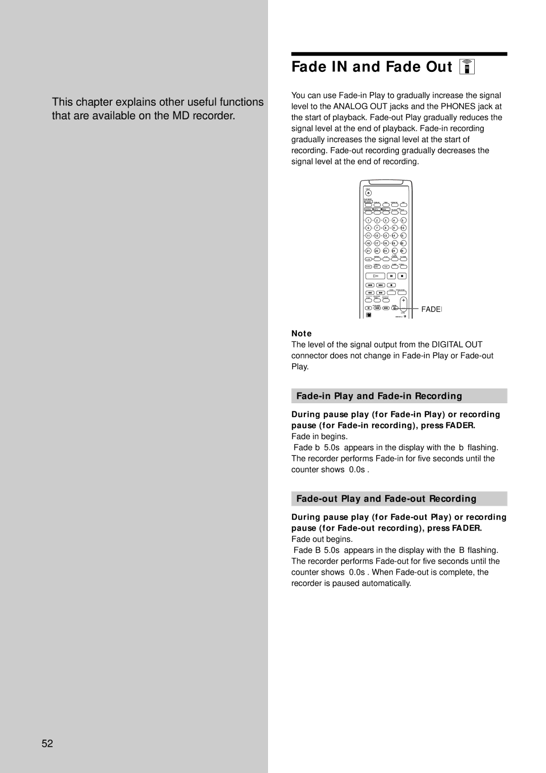 Sony MDS-E12 operating instructions Other Functions, Fade in and Fade Out Z, Fade-in Play and Fade-in Recording 