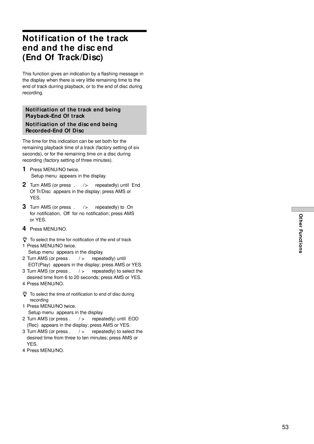 Sony MDS-E12 operating instructions Press MENU/NO twice, Other Functions 