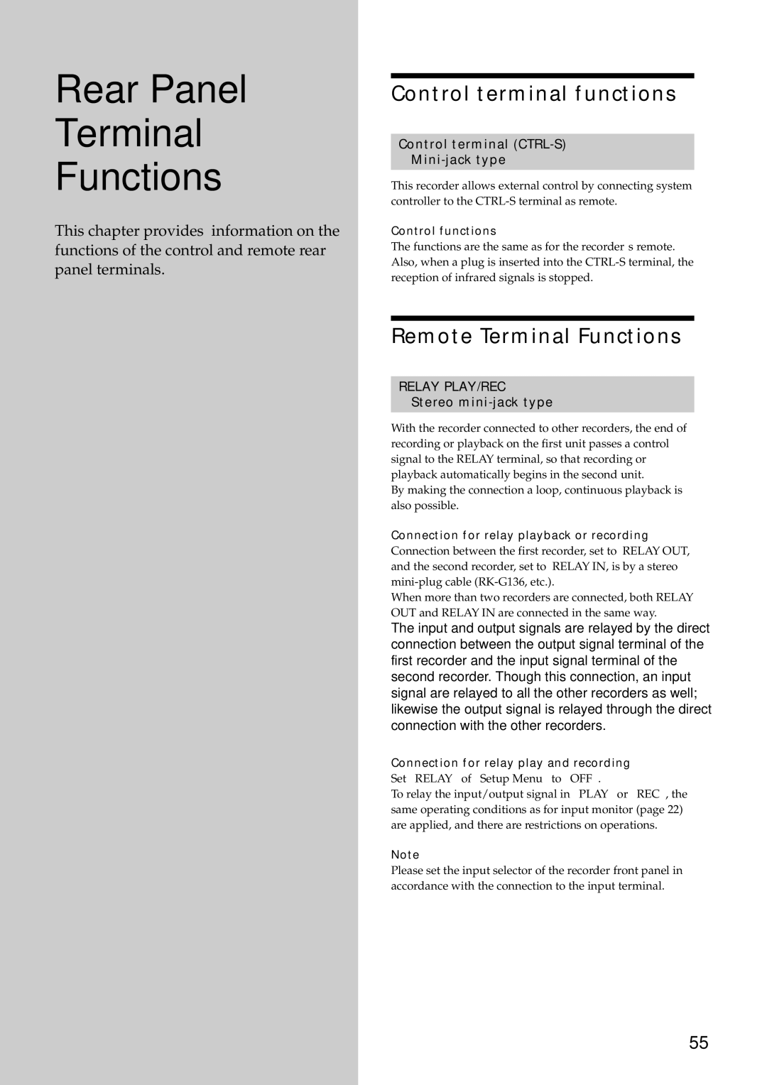 Sony MDS-E12 Rear Panel Terminal Functions, Control terminal functions, Remote Terminal Functions, Stereo mini-jack type 