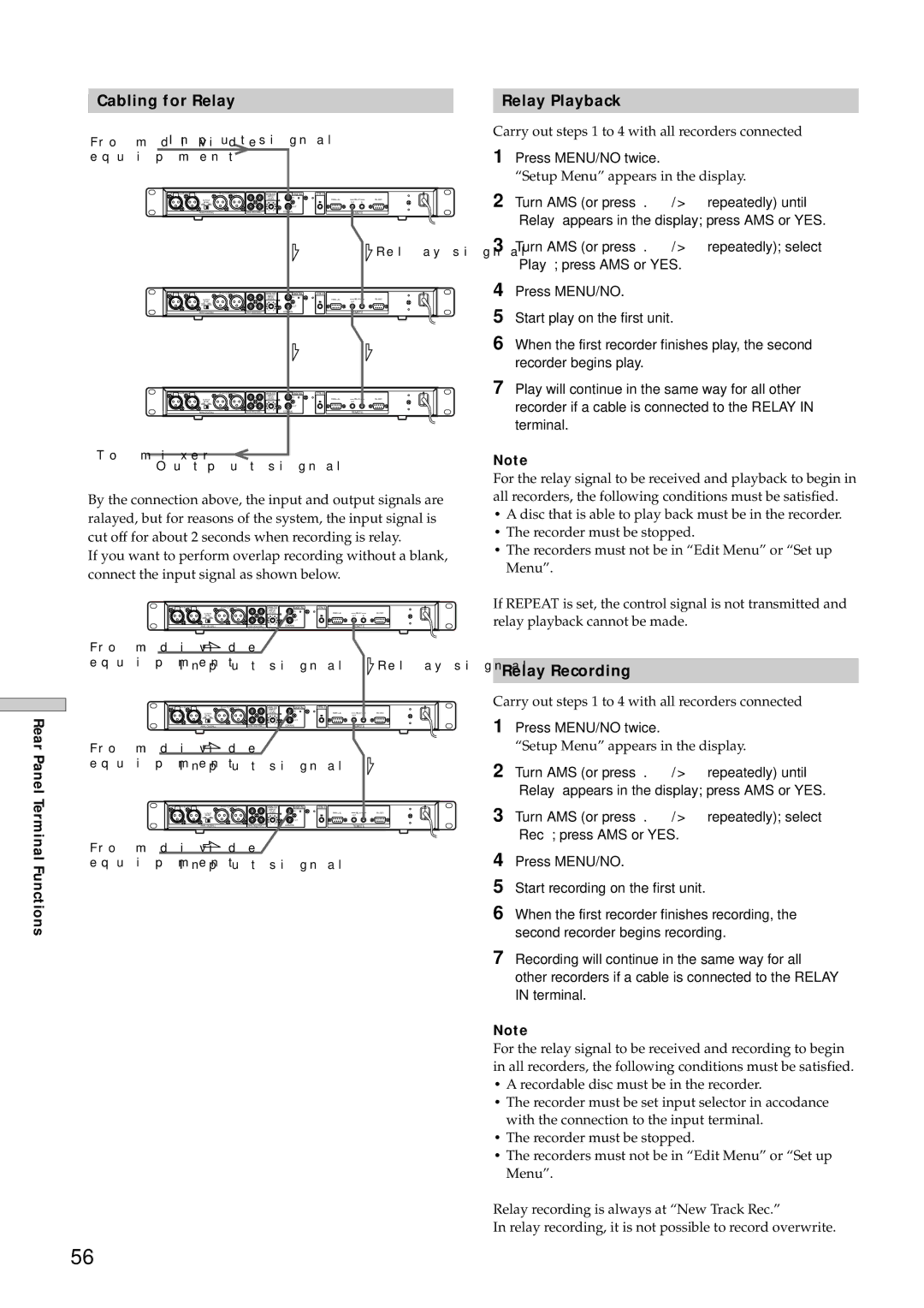 Sony MDS-E12 operating instructions Cabling for Relay Relay Playback, Relay Recording 