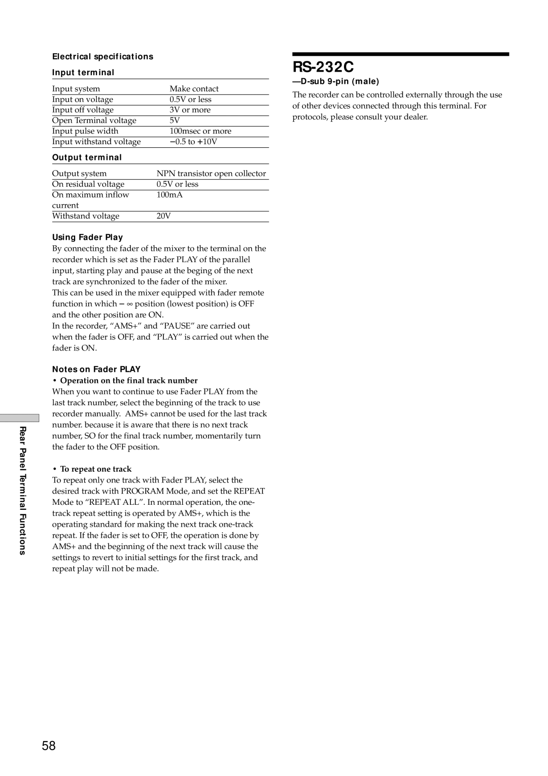 Sony MDS-E12 operating instructions RS-232C, Using Fader Play, Sub 9-pin male 