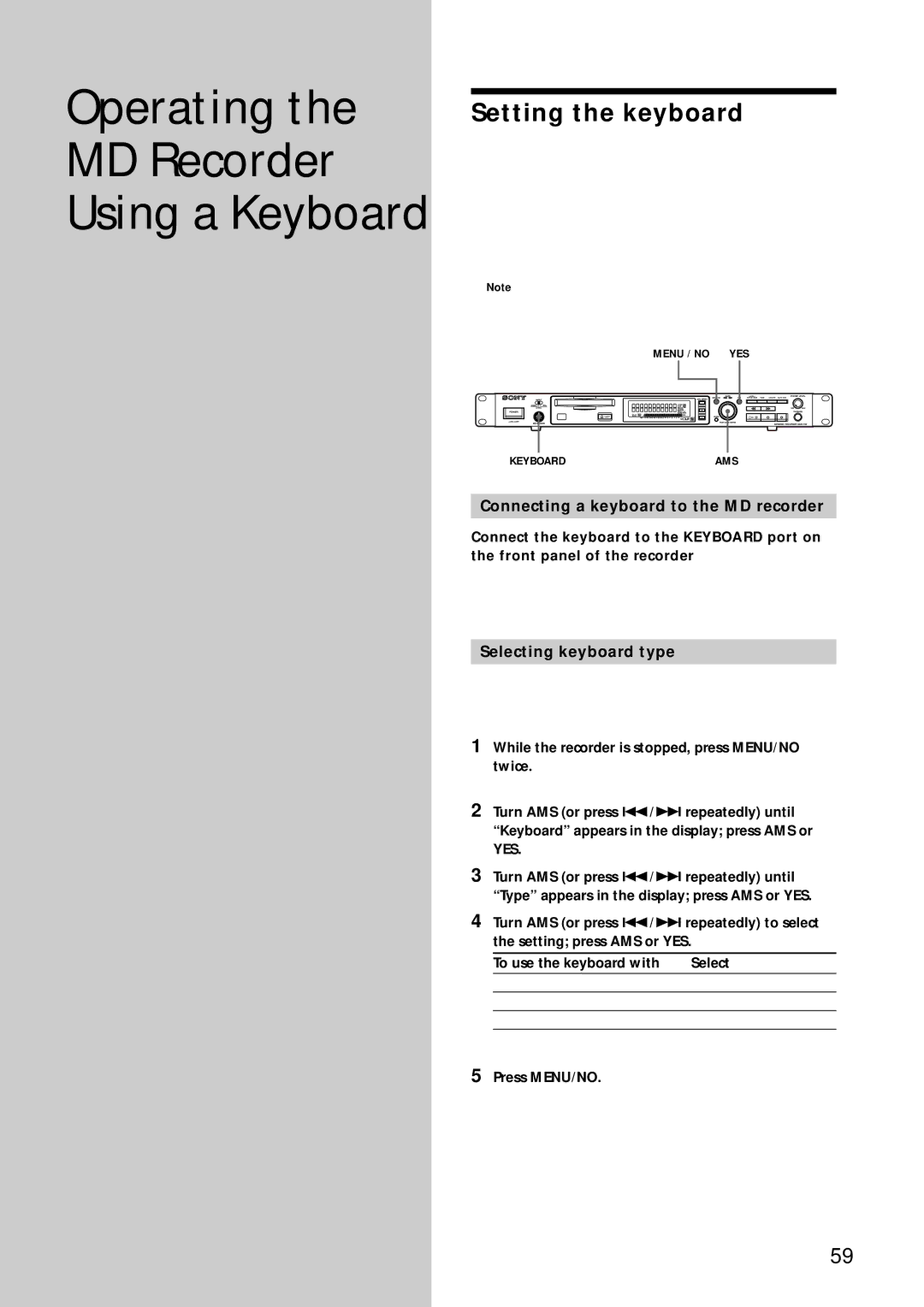 Sony MDS-E12 Operating MD Recorder Using a Keyboard, Setting the keyboard, Connecting a keyboard to the MD recorder 