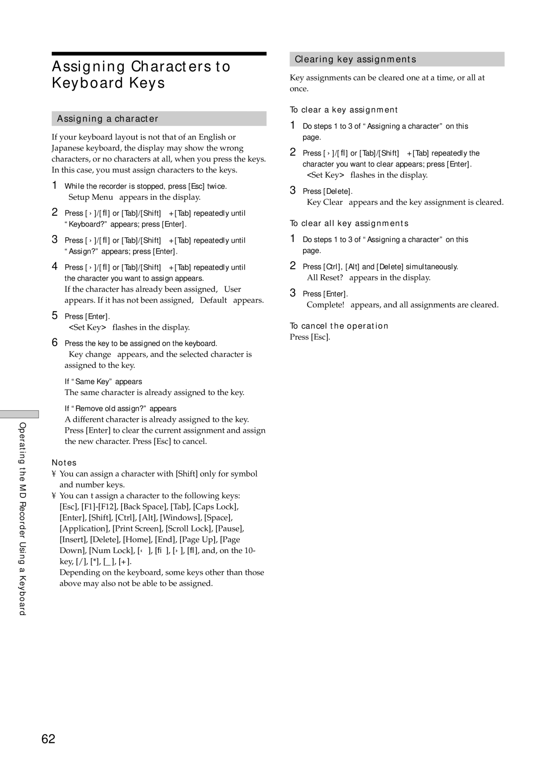 Sony MDS-E12 operating instructions Assigning Characters to Keyboard Keys, Assigning a character, Clearing key assignments 