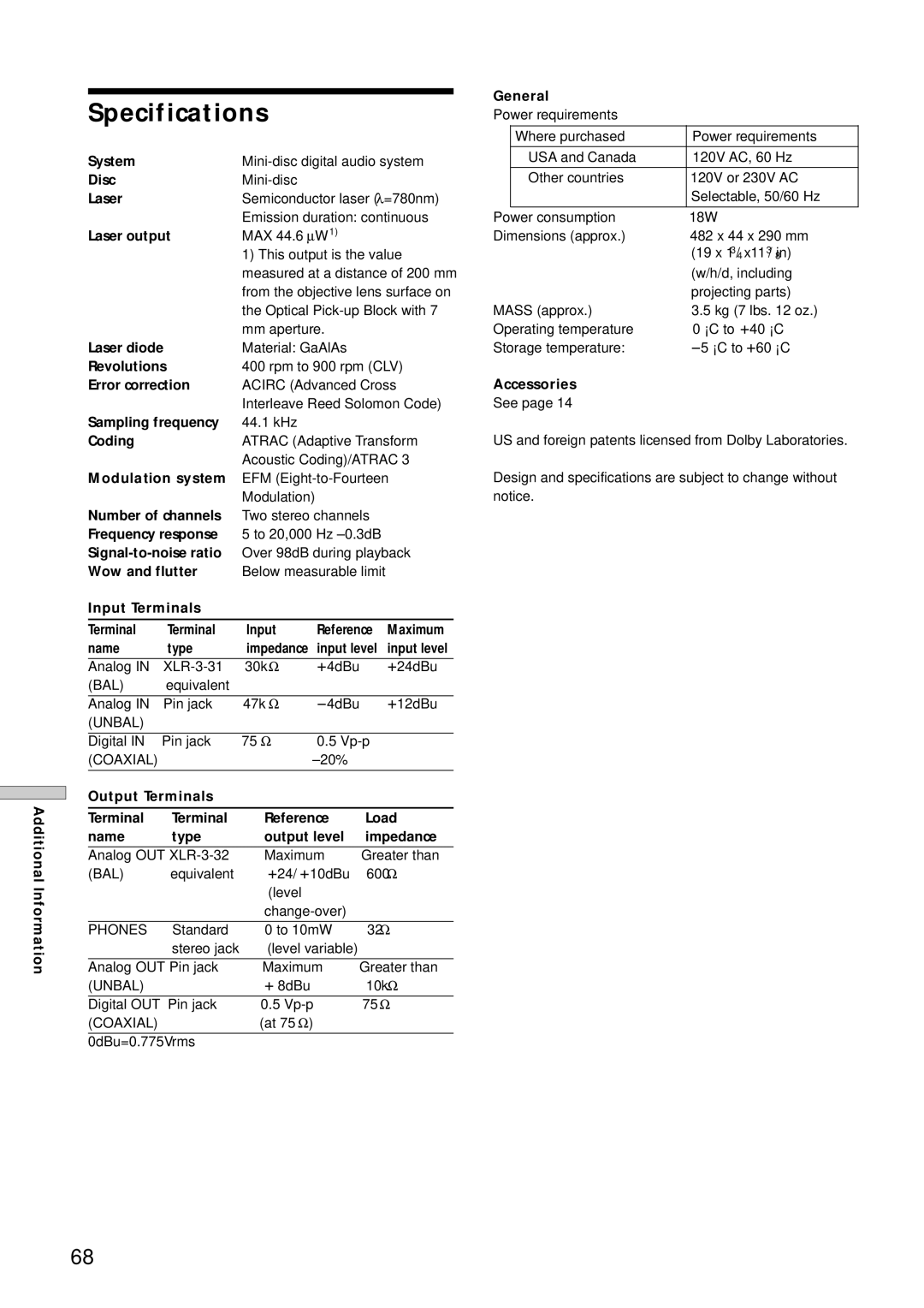 Sony MDS-E12 operating instructions Specifications 