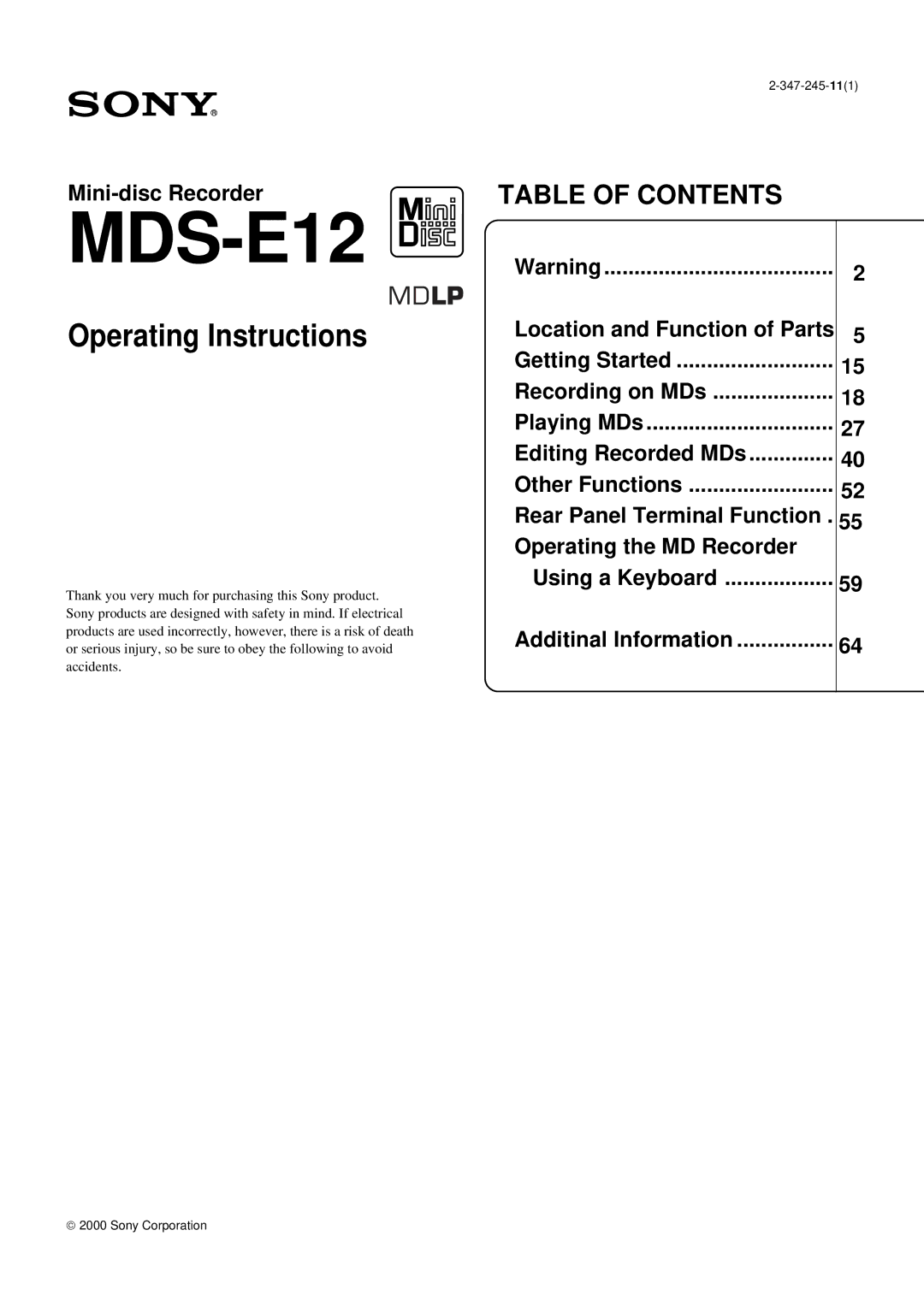 Sony MDS-E12 operating instructions 