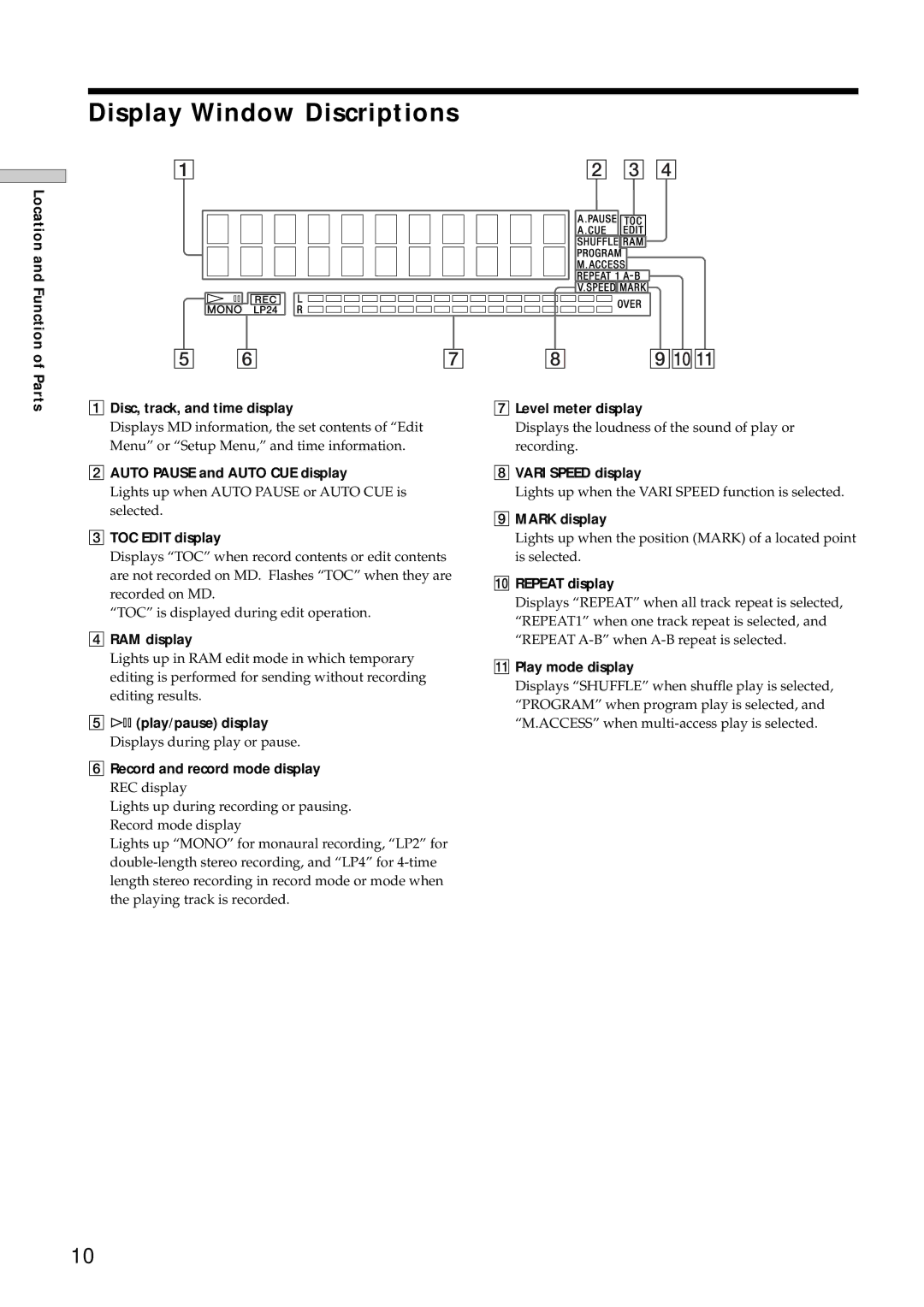 Sony MDS-E12 operating instructions Display Window Discriptions 