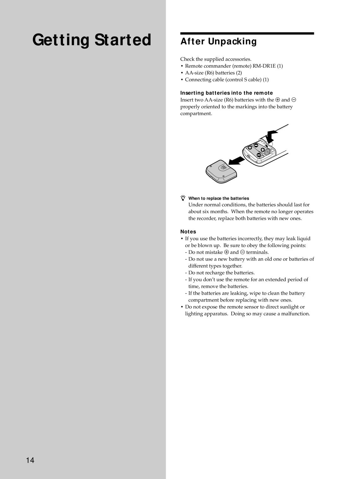 Sony MDS-E12 operating instructions Getting Started After Unpacking, Inserting batteries into the remote 