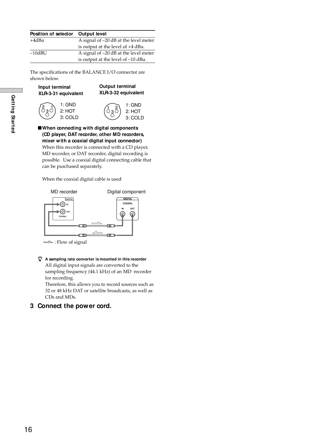 Sony MDS-E12 operating instructions Getting Started Position of selector Output level, Cold 