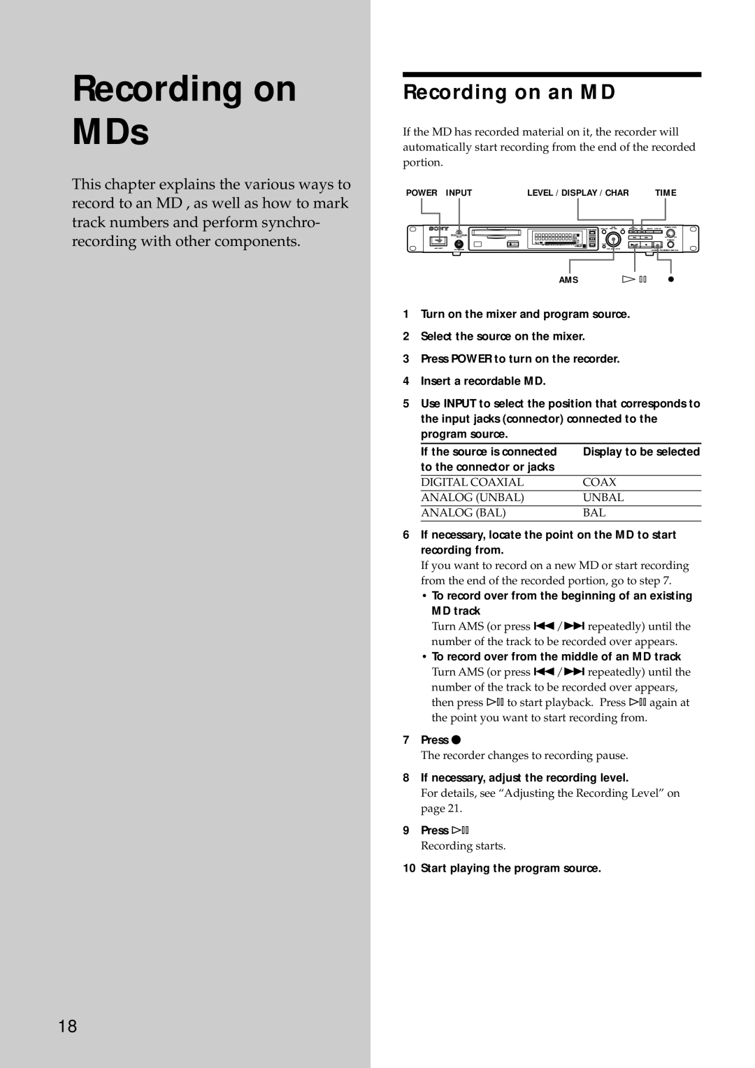 Sony MDS-E12 operating instructions Recording on MDs, Recording on an MD 