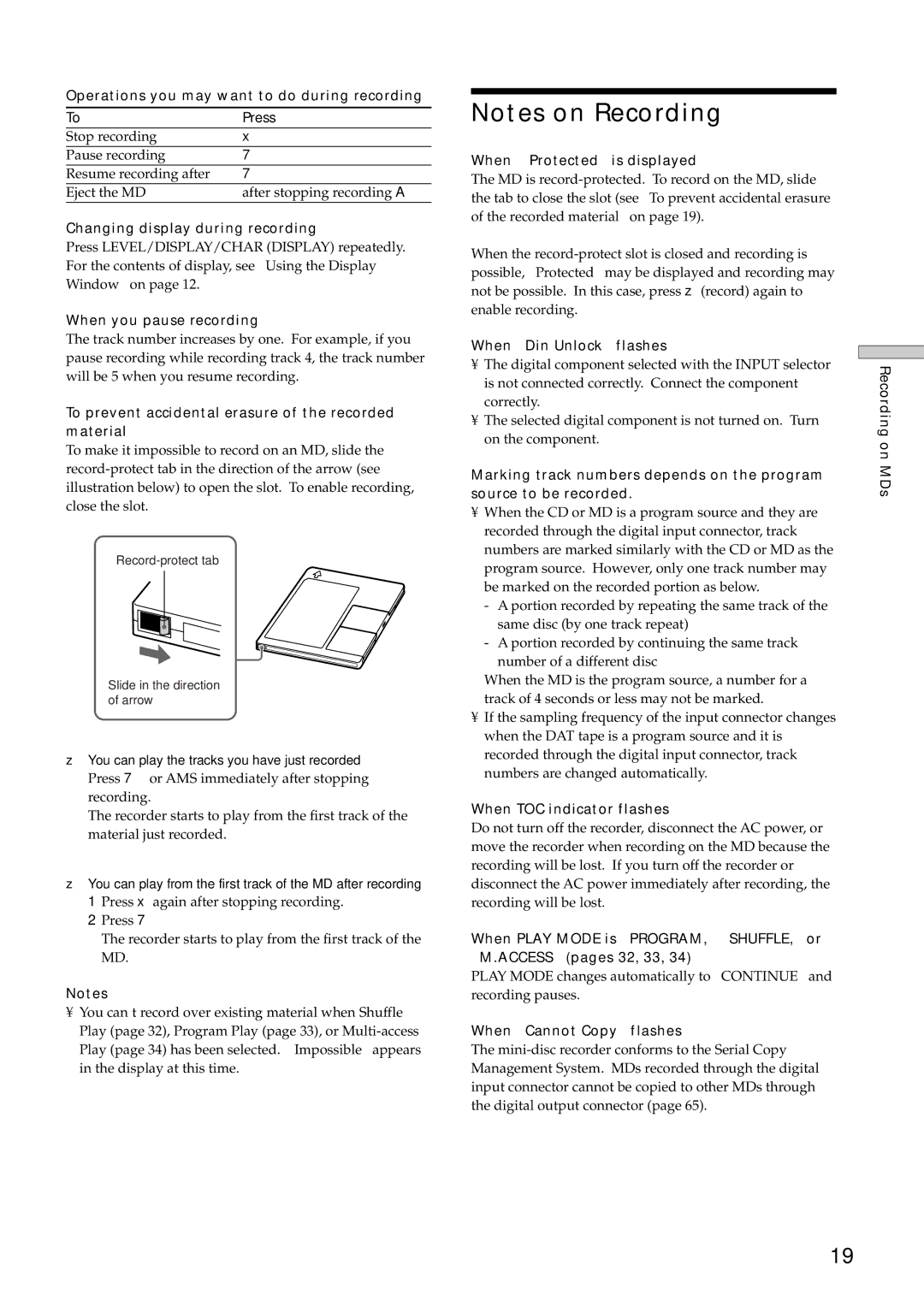 Sony MDS-E12 Operations you may want to do during recording Press, Changing display during recording, Recording on MDs 