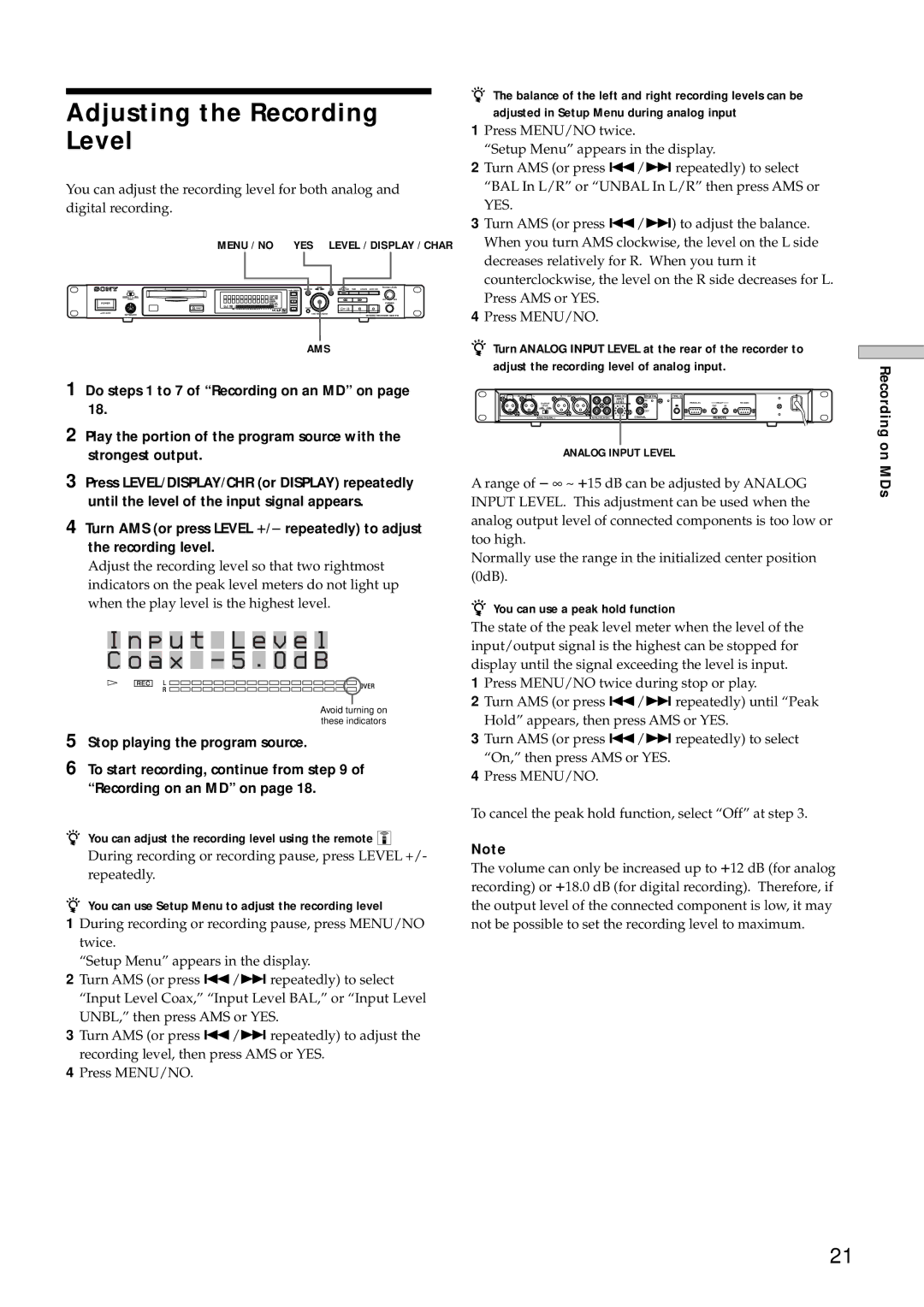 Sony MDS-E12 operating instructions Adjusting the Recording Level, P u t L e v e l A x 5 d B 