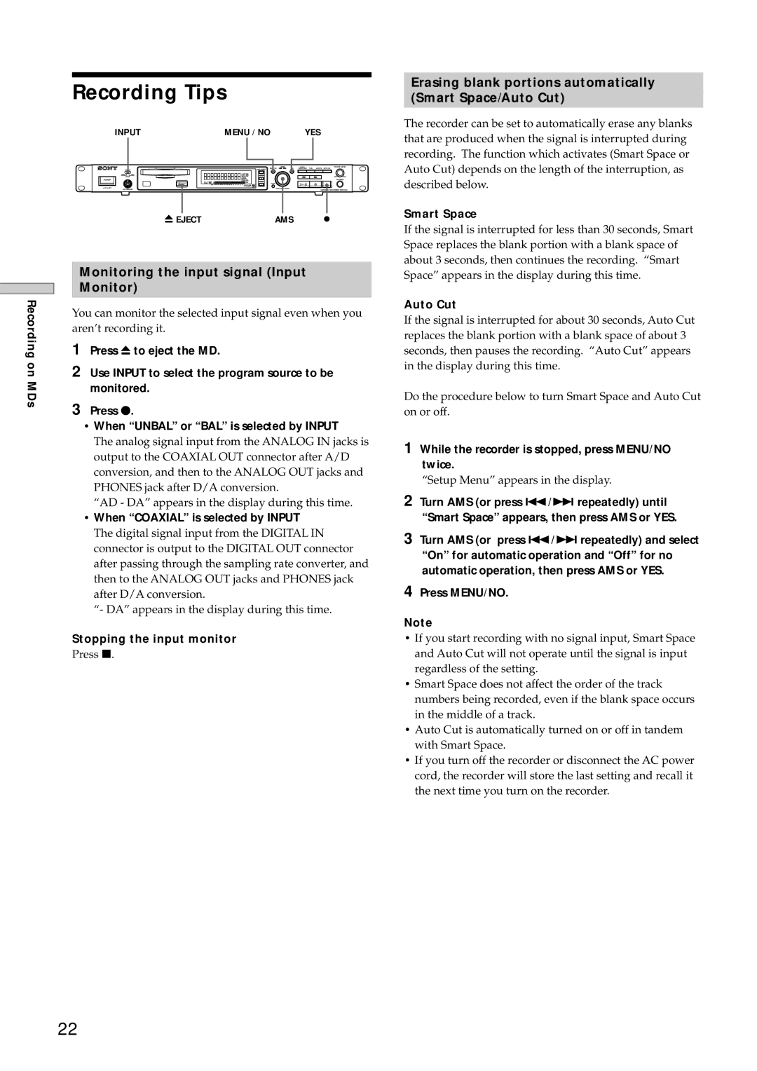 Sony MDS-E12 Recording Tips, Monitoring the input signal Input, Erasing blank portions automatically Smart Space/Auto Cut 