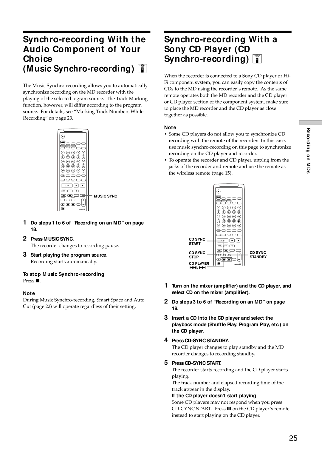 Sony MDS-E12 Do steps 1 to 6 of Recording on an MD on Press Music Sync, To stop Music Synchro-recording 