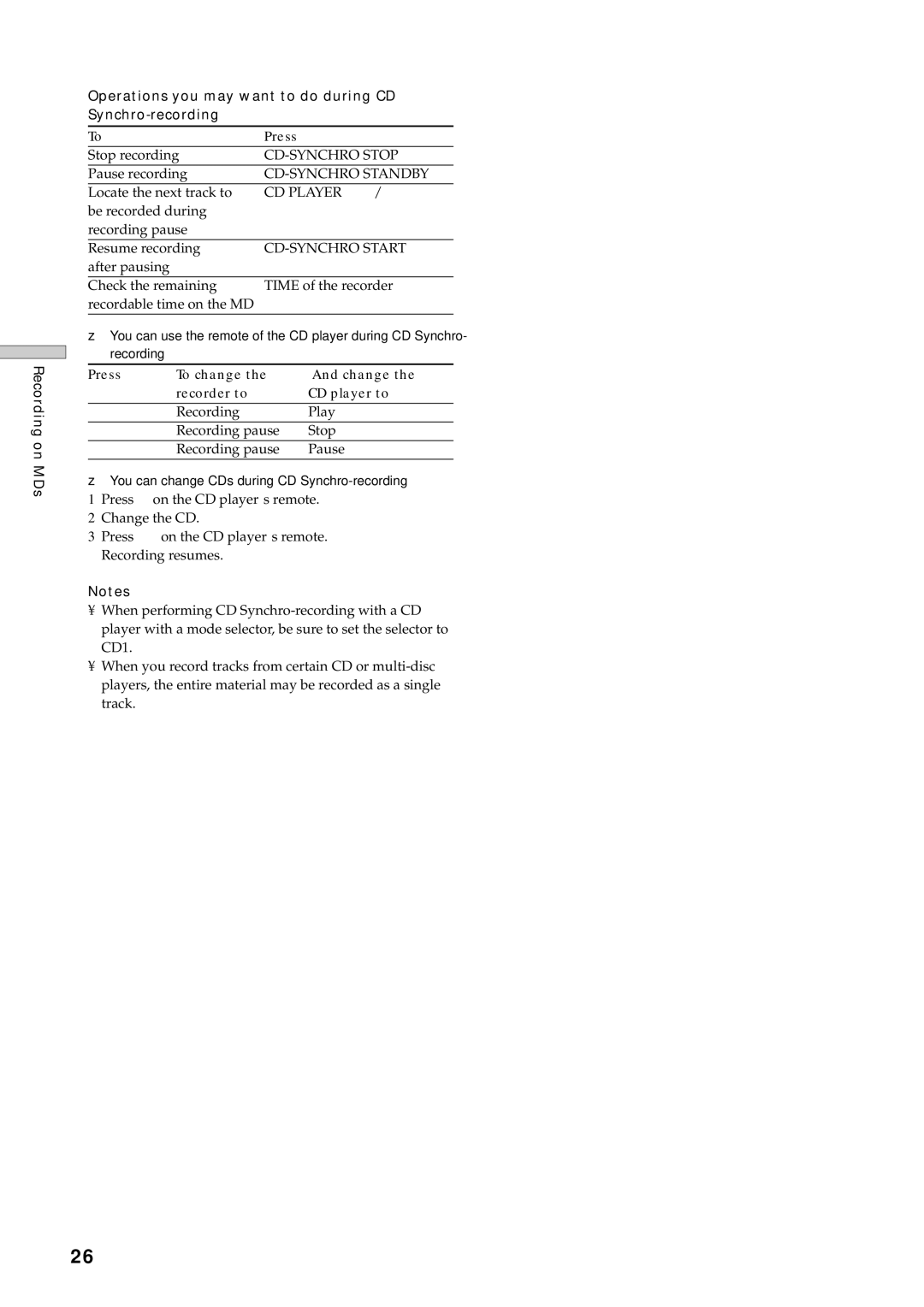 Sony MDS-E12 operating instructions CD-SYNCHRO Start, Press To change Change Recorder to CD player to 