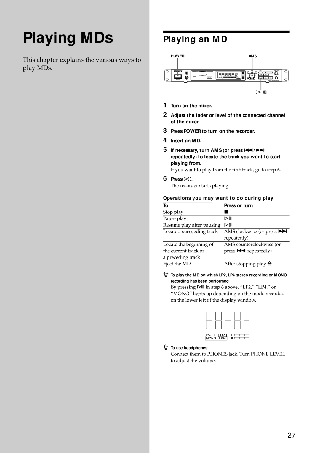 Sony MDS-E12 operating instructions Playing MDs, Operations you may want to do during play Press or turn 