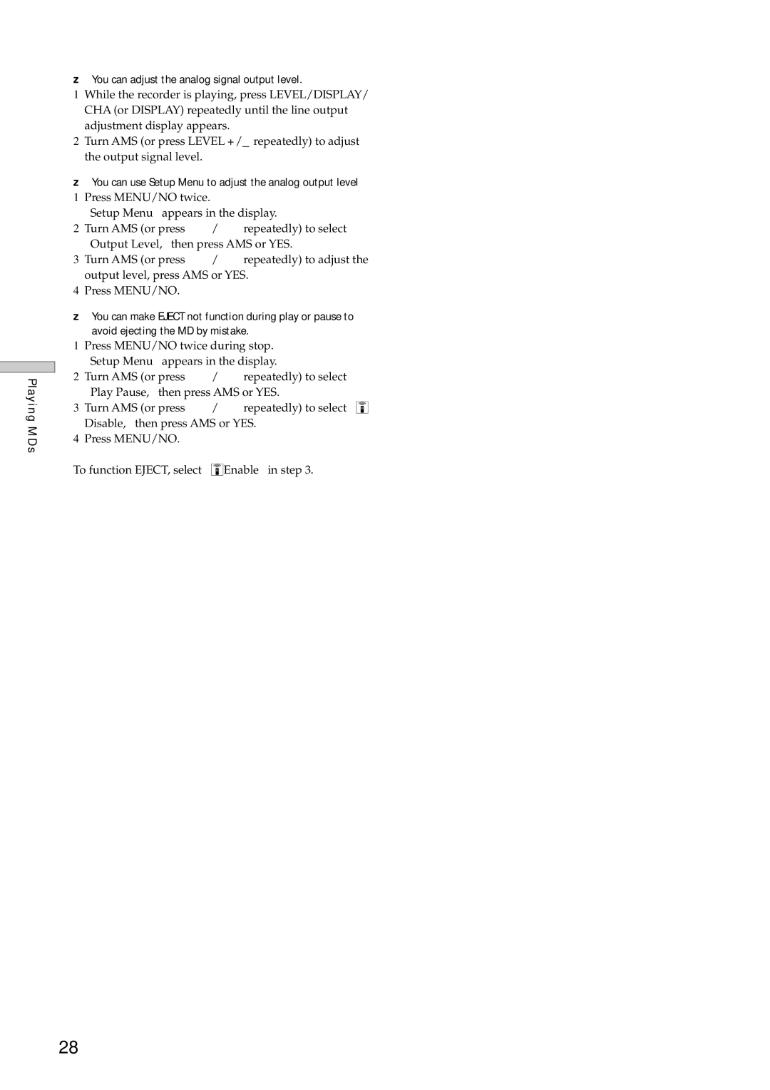 Sony MDS-E12 operating instructions Playing MDs 