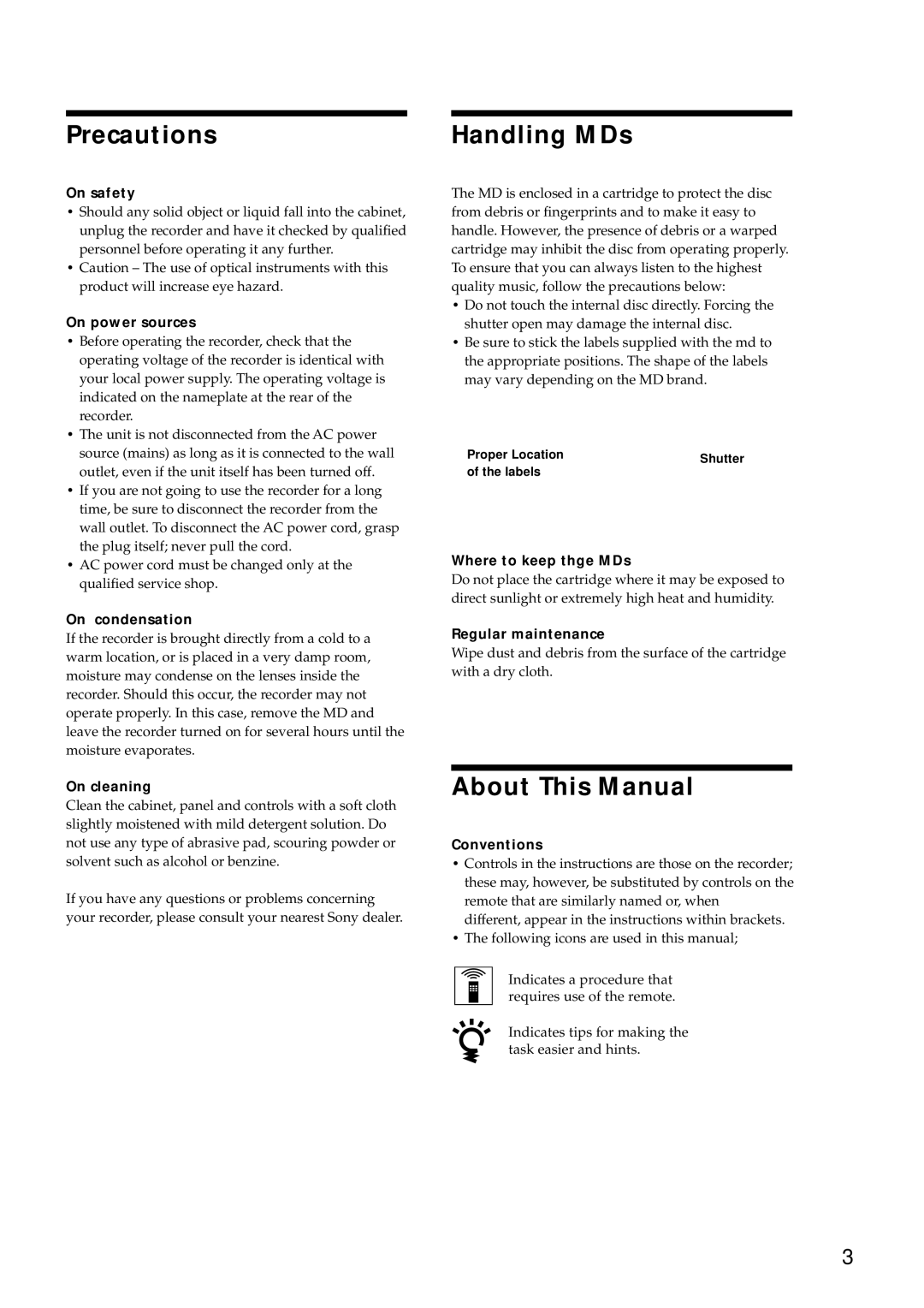 Sony MDS-E12 operating instructions Precautions, Handling MDs, About This Manual 