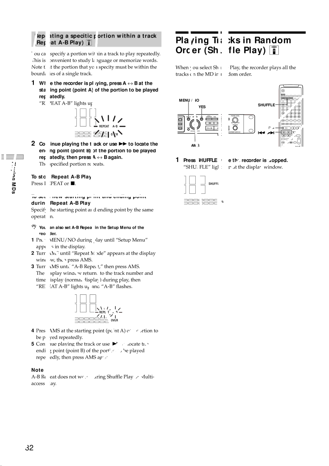 Sony MDS-E12 Playing Tracks in Random Order Shuffle Play Z, Continue playing the track or use M to locate 