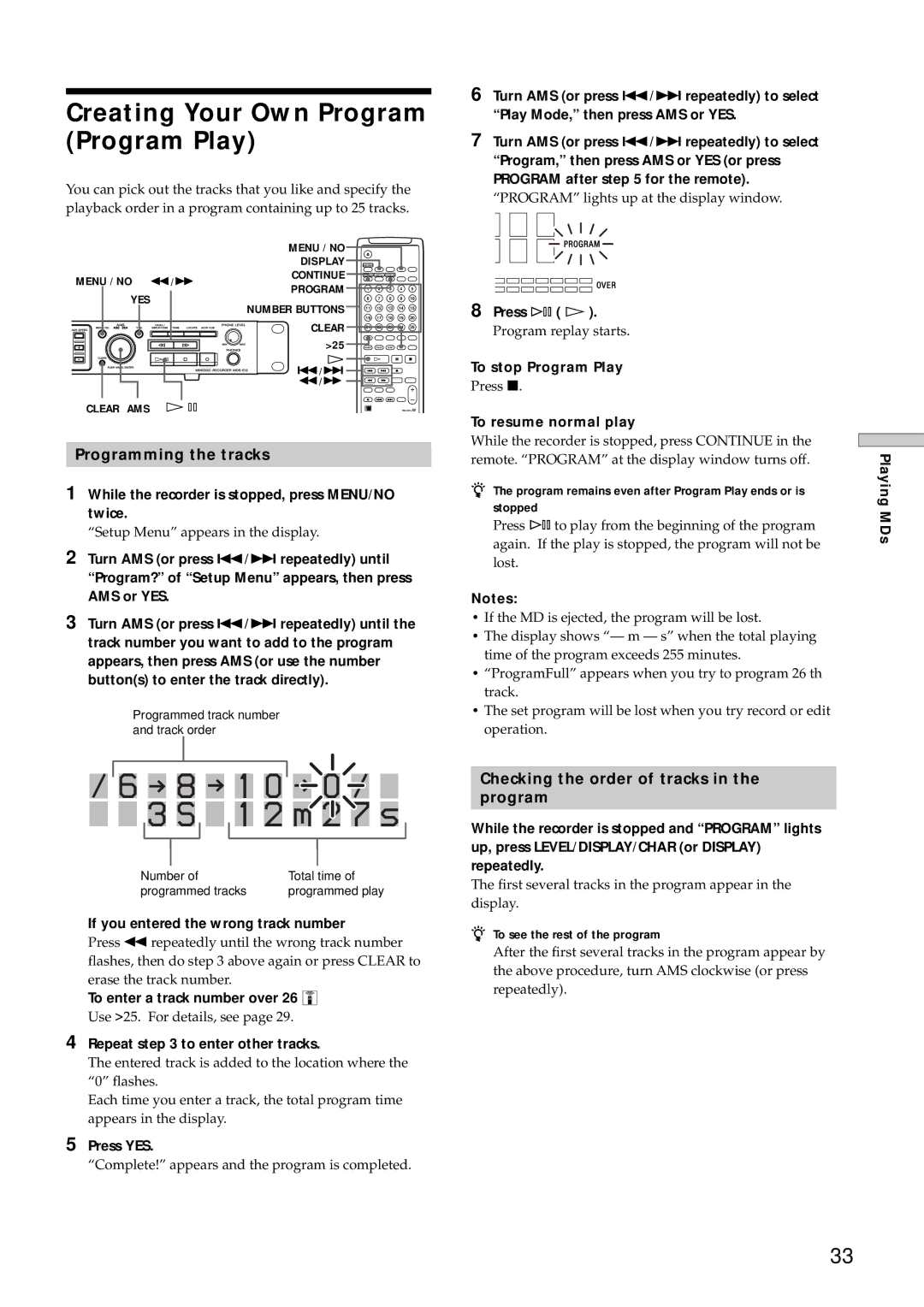 Sony MDS-E12 operating instructions 1 0 0 / 3 S 1 2 m 2 7 s, Creating Your Own Program Program Play, Programming the tracks 