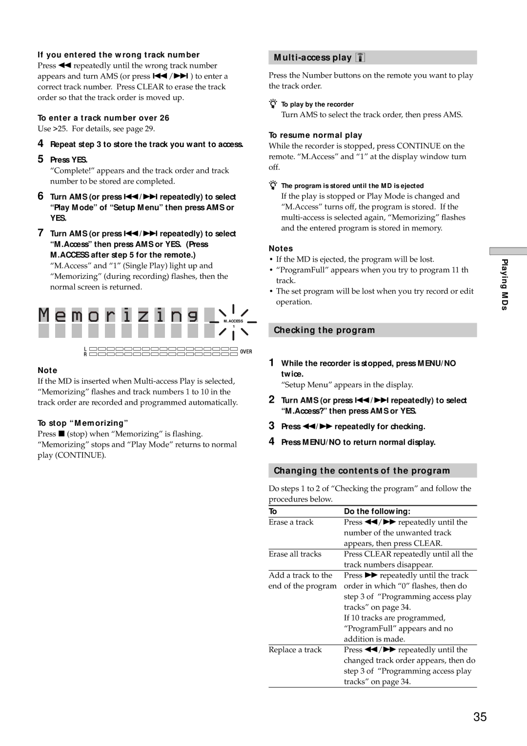 Sony MDS-E12 operating instructions M o r i z i n g M.ACCESS, Multi-access play Z, Checking the program 