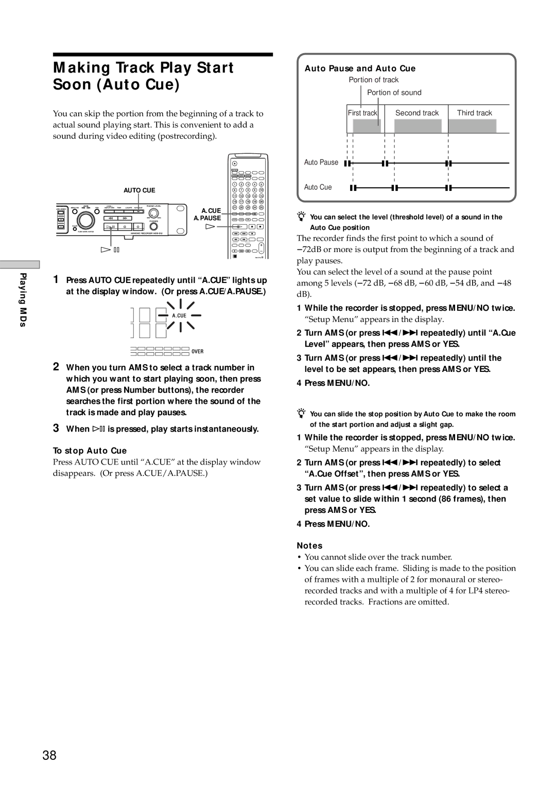 Sony MDS-E12 operating instructions Making Track Play Start Soon Auto Cue, Auto Pause and Auto Cue 