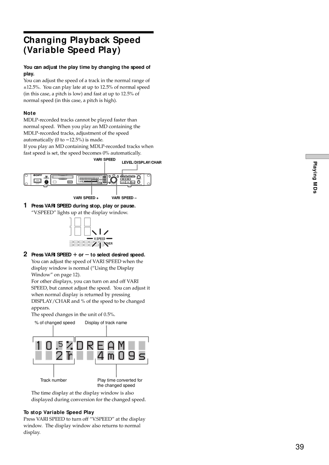 Sony MDS-E12 operating instructions 5 % D R E a M 2 Tr 4 m 0 9 s, Changing Playback Speed Variable Speed Play 