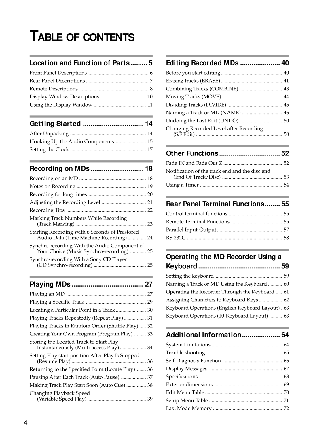 Sony MDS-E12 operating instructions Table of Contents 