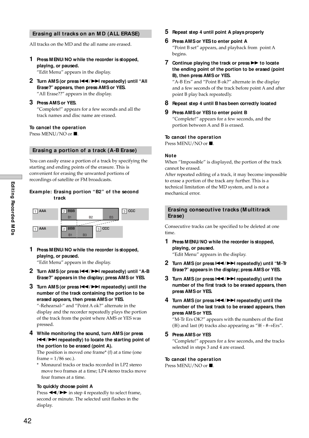 Sony MDS-E12 Erasing all tracks on an MD ALL Erase, Erasing a portion of a track A-B Erase, To quickly choose point a 