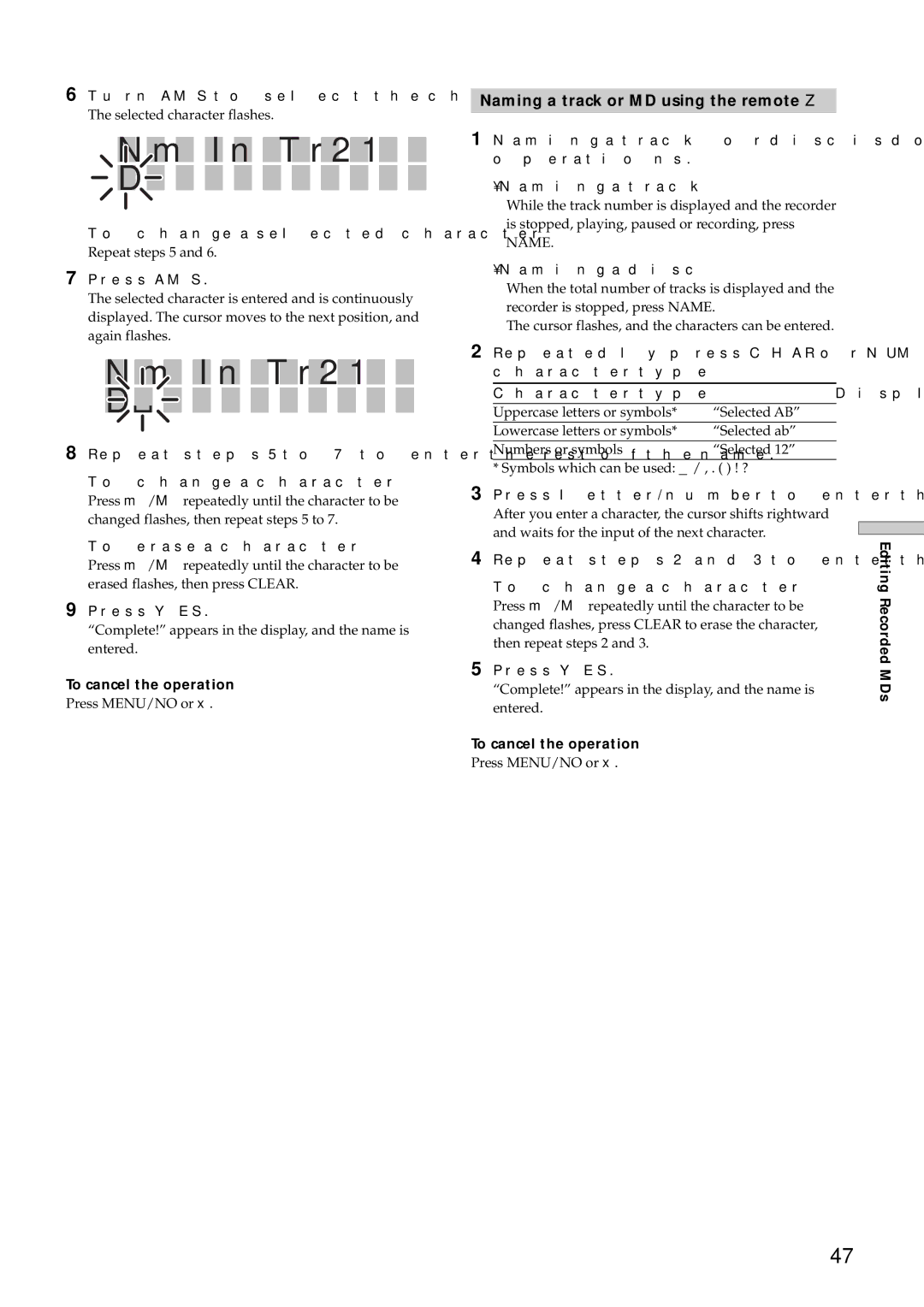 Sony MDS-E12 operating instructions Naming a track or MD using the remote Z 