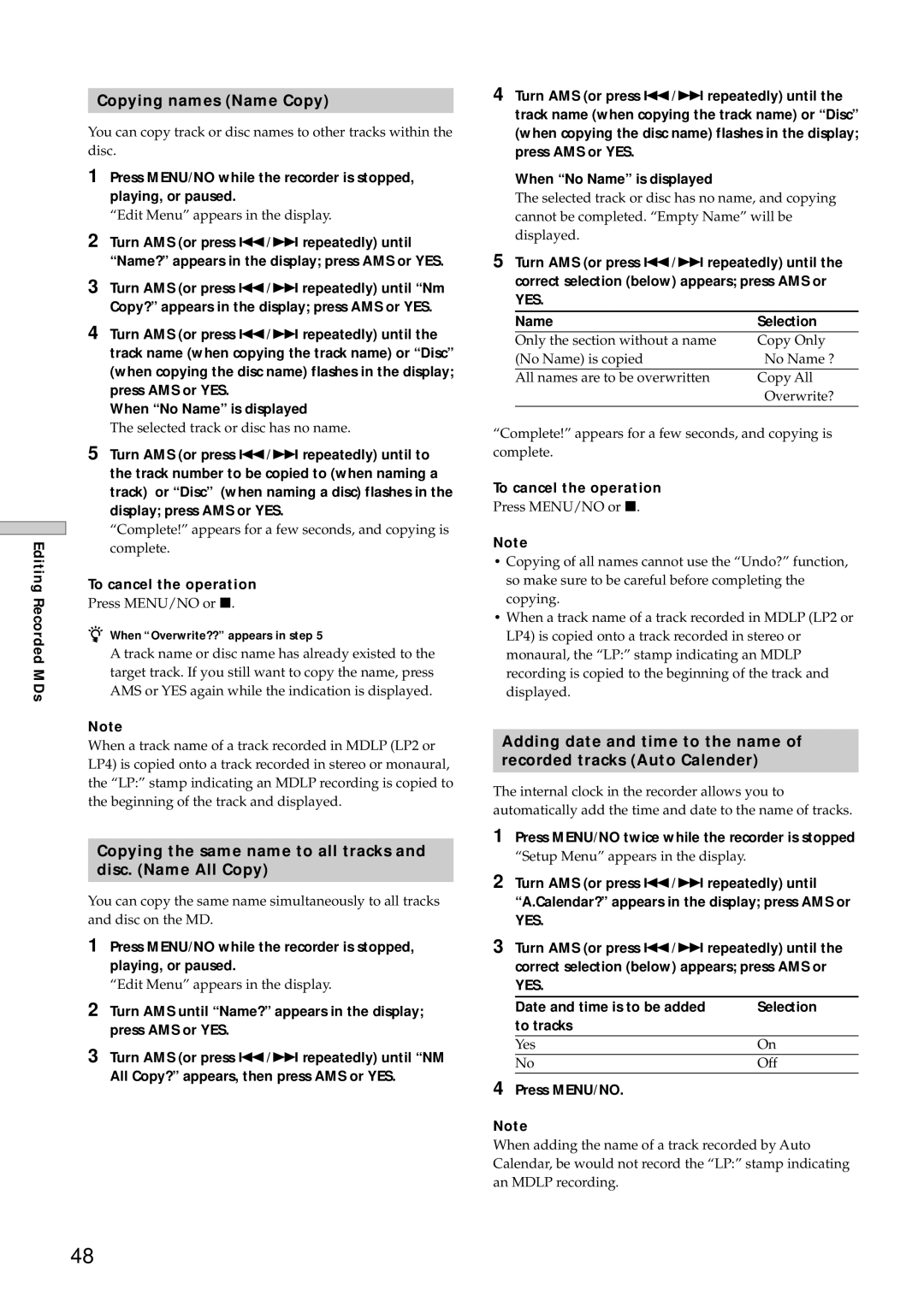 Sony MDS-E12 operating instructions Copying names Name Copy, Copying the same name to all tracks Disc. Name All Copy 