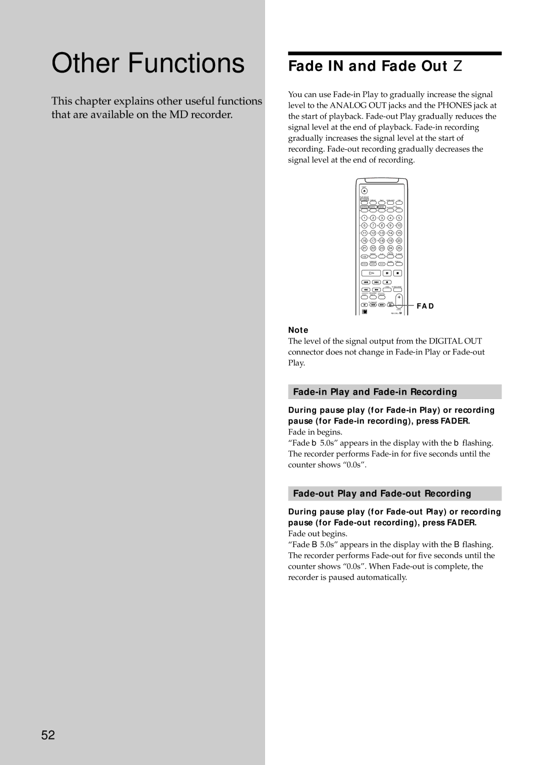 Sony MDS-E12 operating instructions Other Functions, Fade in and Fade Out Z, Fade-in Play and Fade-in Recording 