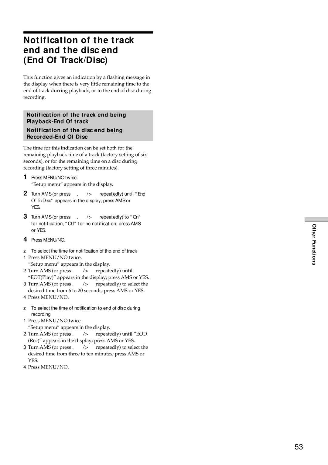 Sony MDS-E12 operating instructions Press MENU/NO twice, Other Functions 