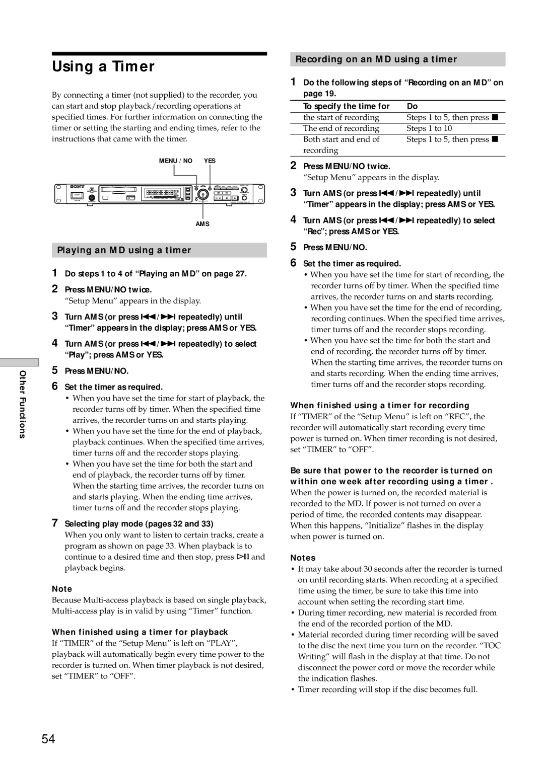 Sony MDS-E12 operating instructions Using a Timer, Playing an MD using a timer, Recording on an MD using a timer 