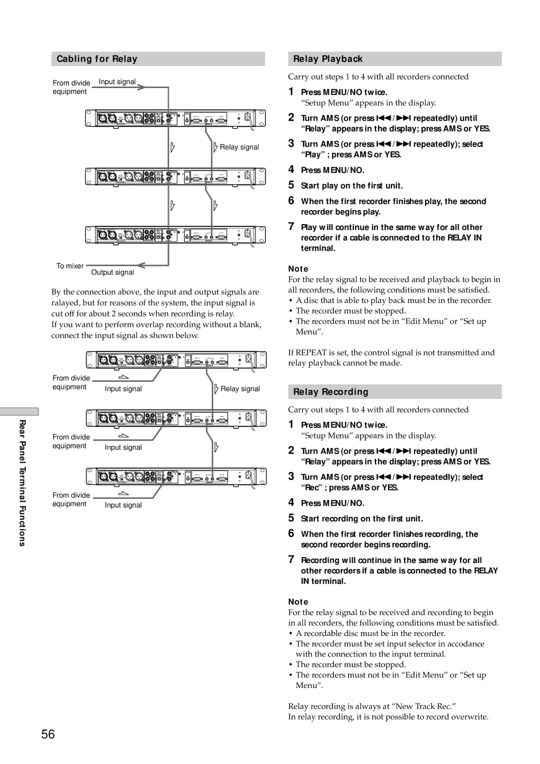 Sony MDS-E12 operating instructions Cabling for Relay Relay Playback, Relay Recording 