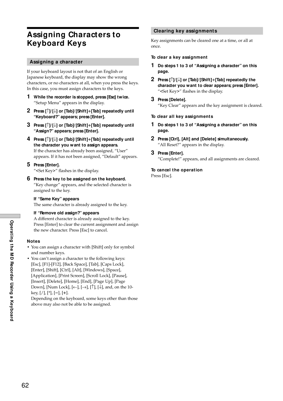 Sony MDS-E12 operating instructions Assigning Characters to Keyboard Keys, Assigning a character, Clearing key assignments 