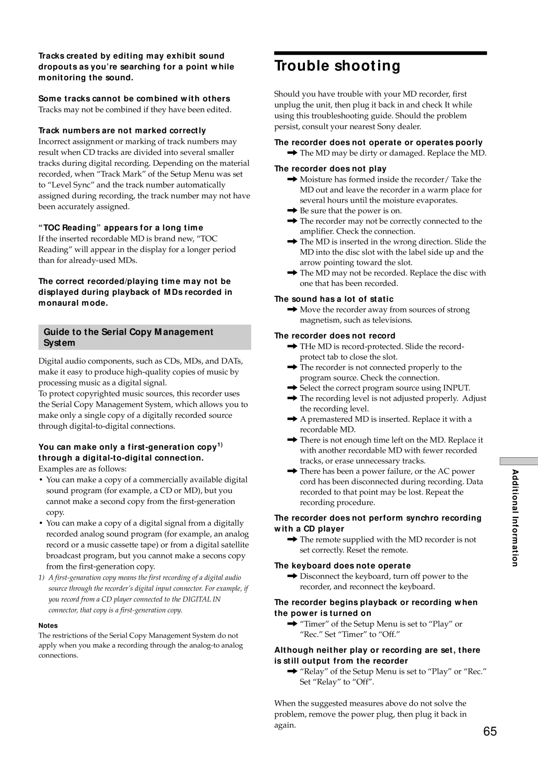 Sony MDS-E12 operating instructions Trouble shooting, Guide to the Serial Copy Management System 