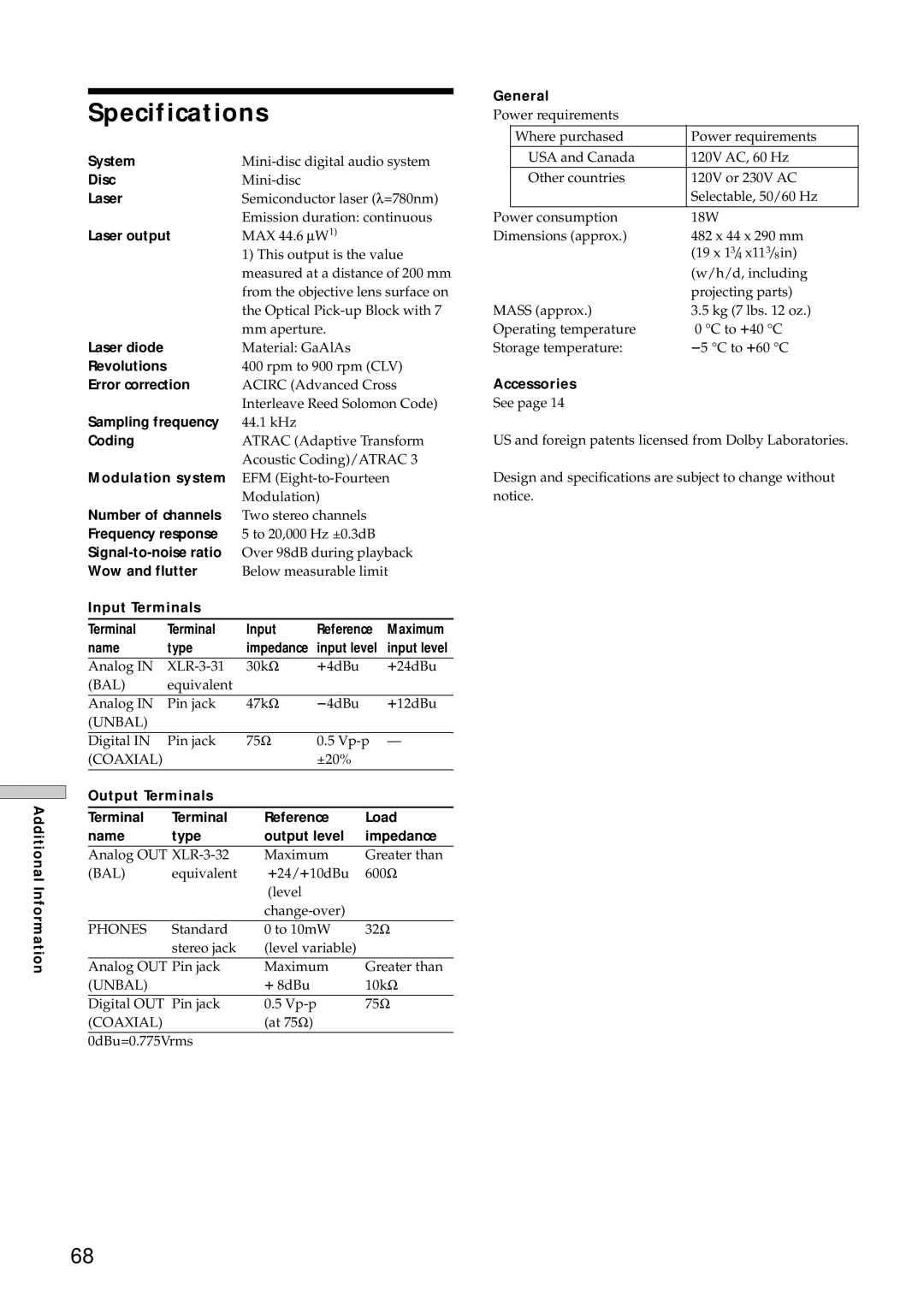 Sony MDS-E12 operating instructions Specifications 