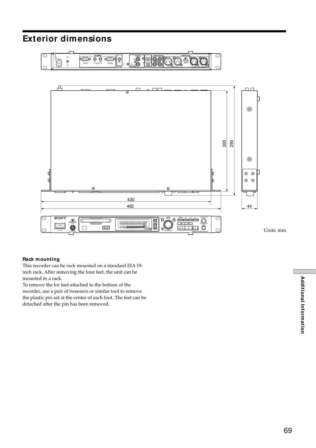 Sony MDS-E12 operating instructions Exterior dimensions, Rack mounting 