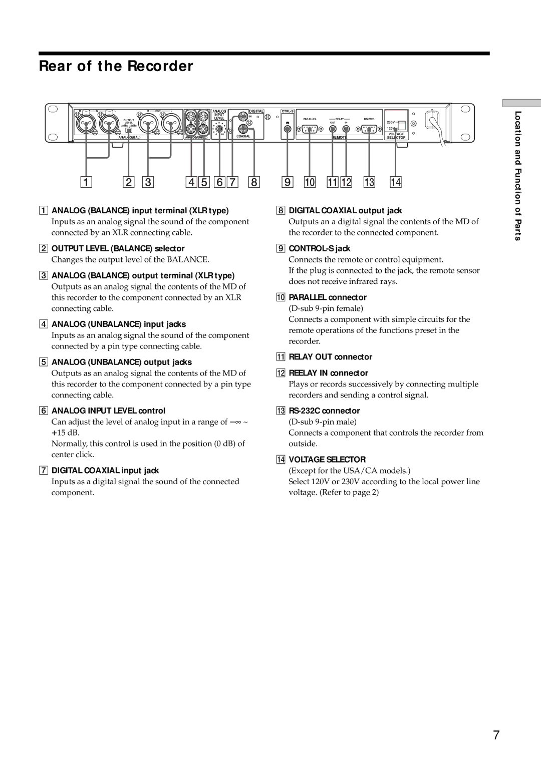 Sony MDS-E12 operating instructions Rear of the Recorder 