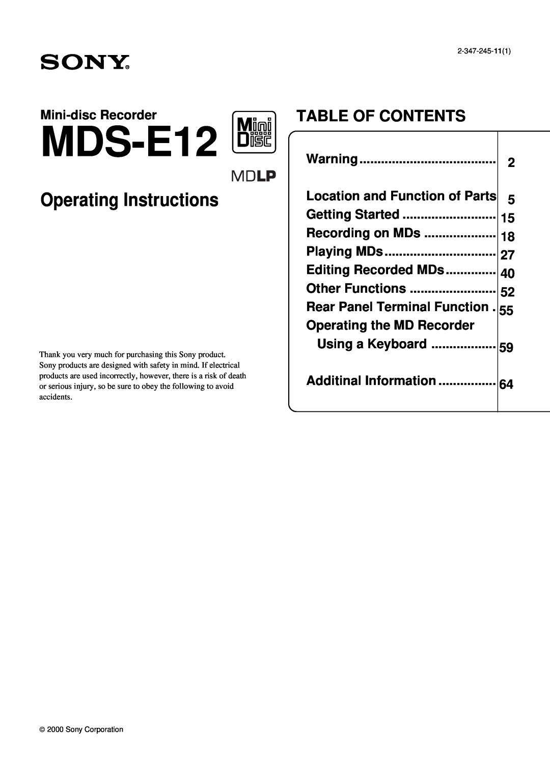 Sony MDS-E12 operating instructions Operating Instructions, Table Of Contents 